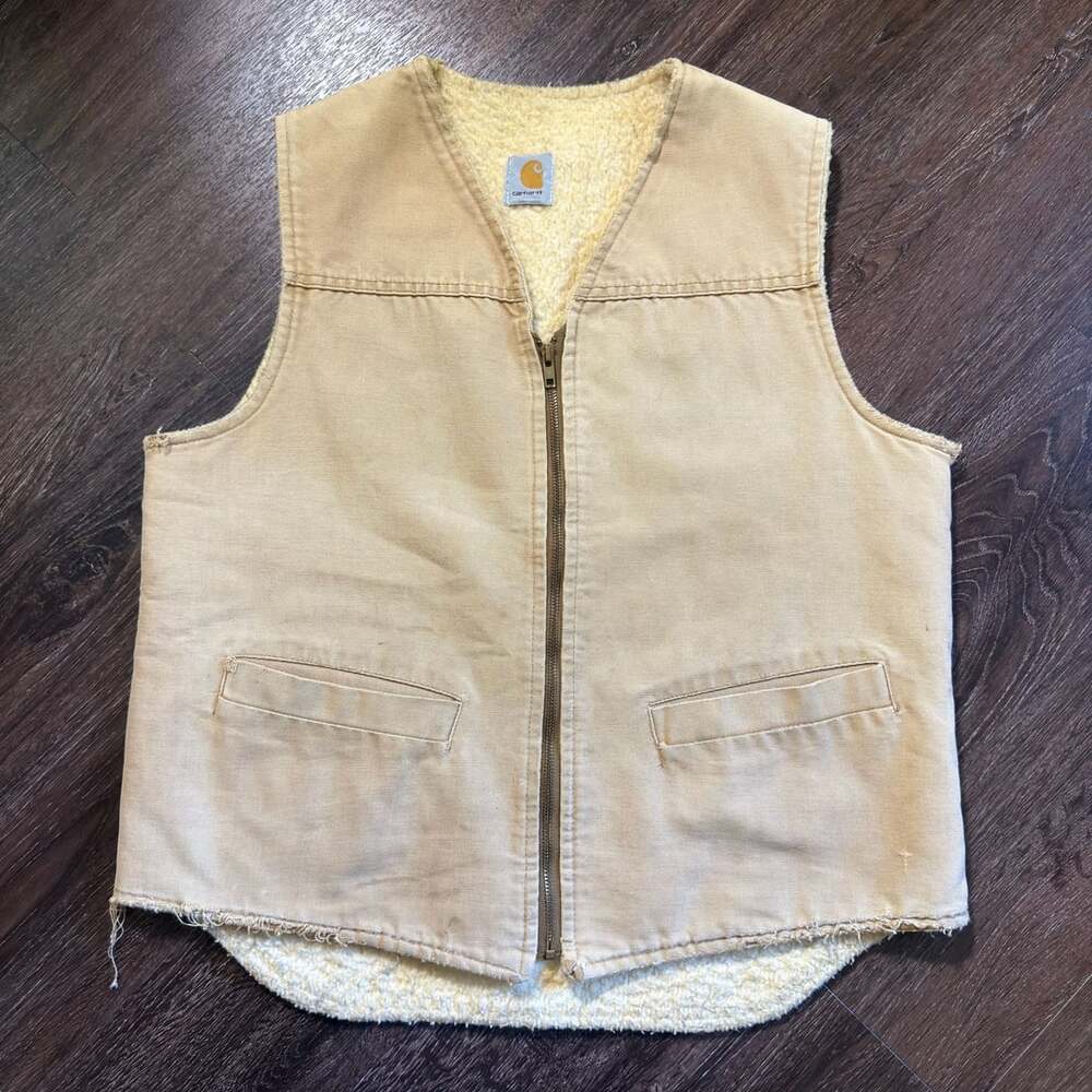 Essential Vintage Carhartt Sherpa Lined Duck Vest Tan Canvas Full Zip Size M